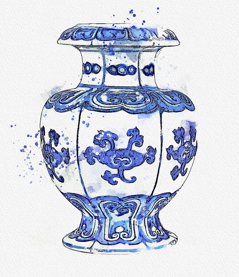 BLUE AND WHITE  POMEGRANATE VASE MING DYNASTY YONGLE PERIOD watercolor by Ahmet Asar Painting by Celestial Images