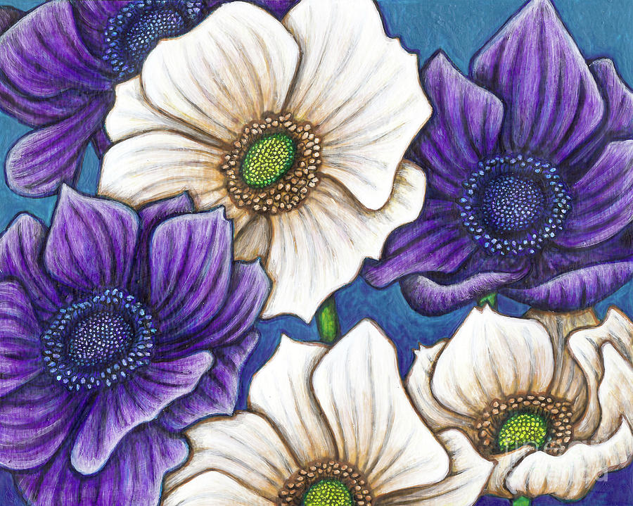 Blue and White Poppy Anemones Painting by Amy E Fraser