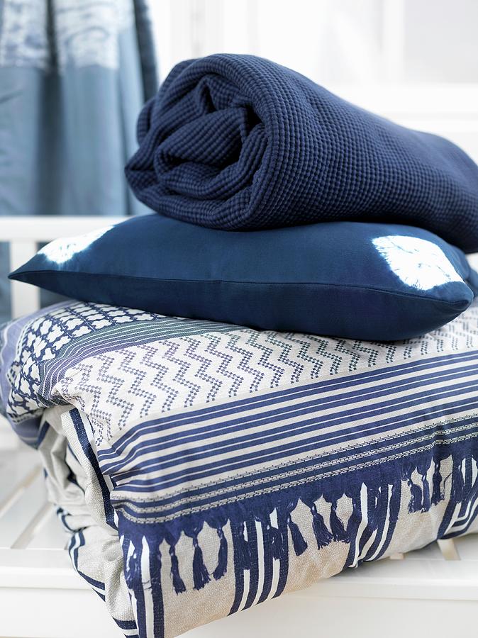 Blue And White Quilt, Cushion And Blanket Photograph by Anderson Karl