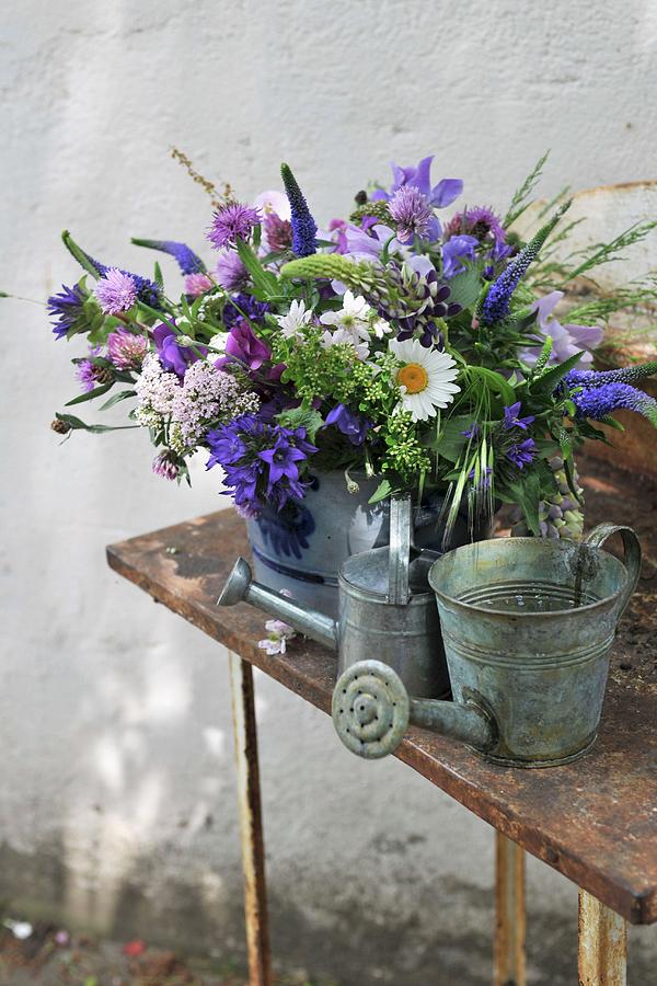 Blue And White Summer Bouquet And Zinc Watering Can On Table Photograph by Twins