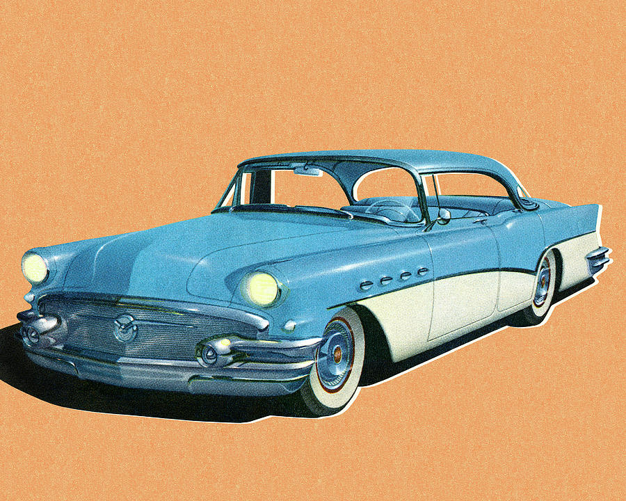 Transportation Drawing - Blue and White Vintage Car by CSA Images