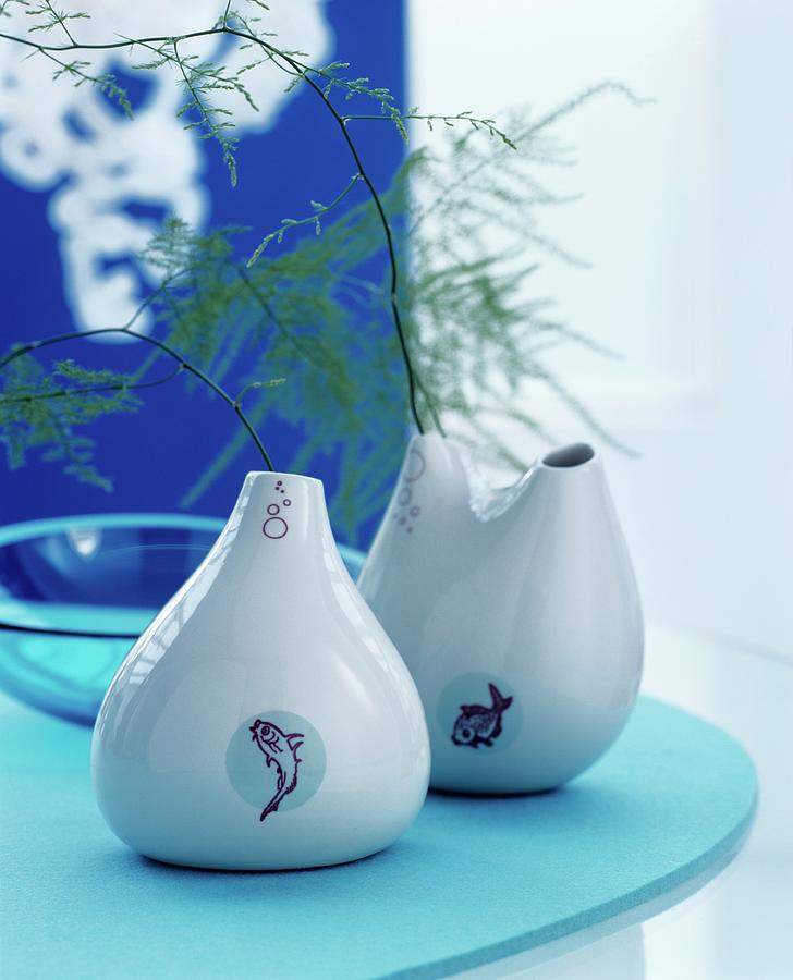 Blue Arrangement With Teardrop Vases Decorated With Fish Motifs Photograph by Matteo Manduzio