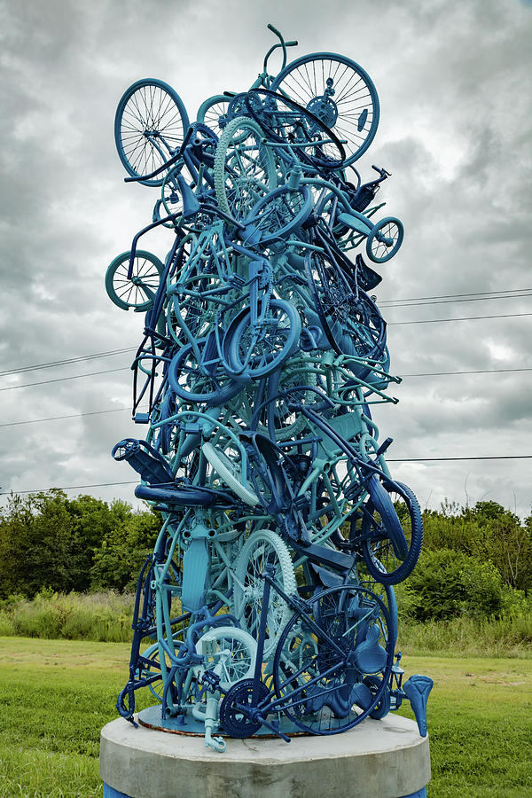 Blue Bike Sculptures - Northwest Arkansas Razorback Greenway in Bentonville Photograph by Gregory Ballos
