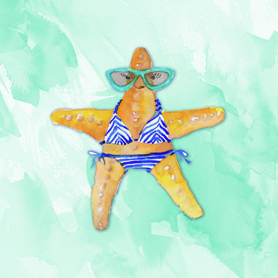 Bikini Painting - Blue Bikini Starfish On Watercolor by Lanie Loreth