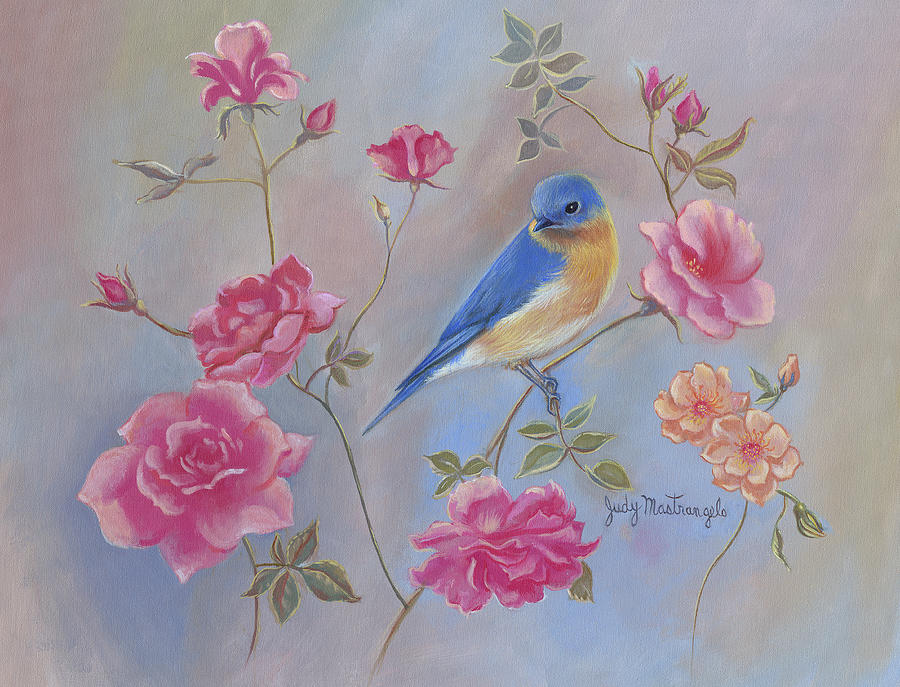 Animal Digital Art - Blue Bird In Roses by Judy Mastrangelo