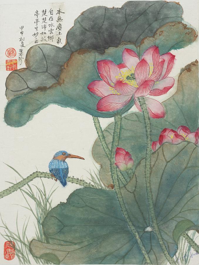 Jade Bird and Lotus Flowers  Painting by Jenny Sanders