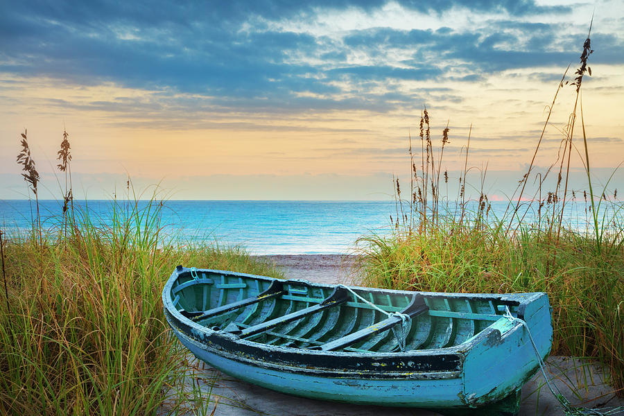 Blue Boat at Dawn Photograph by Debra and Dave Vanderlaan
