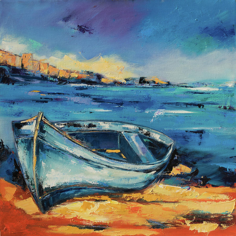 Blue Boat on the Mediterranean Beach Painting by Elise Palmigiani