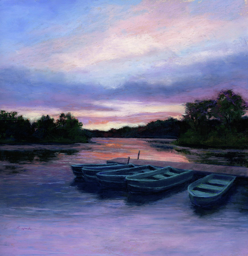 Blue Boats at Sunset Pastel by Vikki Bouffard