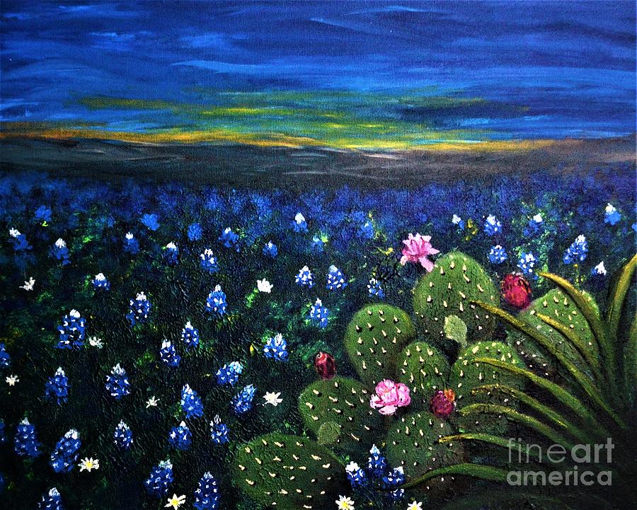 Flower Painting - Blue Bonnets at sunset by Victoria Billings