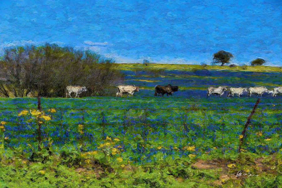 Cow Photograph - Blue Bonnets, Beef and Blue Skies by Brent Groves