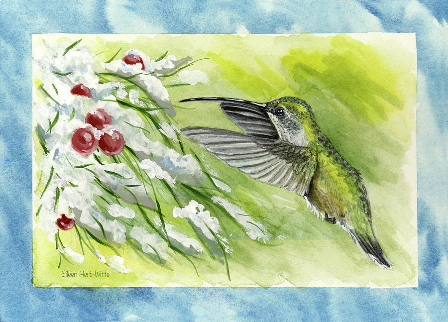Blue Border Painting - Blue Border Flying Humming Bird by Eileen Herb-witte