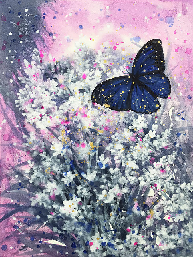 Blue Butterfly on Tuberose Painting by Zaira Dzhaubaeva