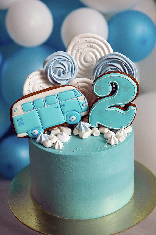 Blue Cake On Childrens Birthday With The Number Two And The Car Photograph