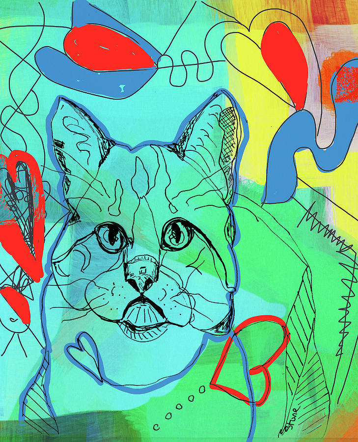 Blue Cat Red Heart Mixed Media by Susan Stone