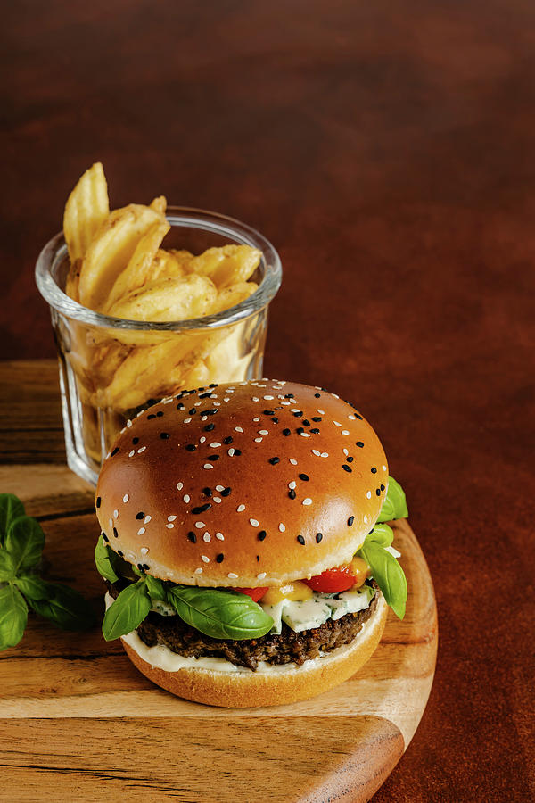 Cheese Photograph - Blue Cheese And Basil Beef Burger With Mustard Barbecue Sauce And French Fries by Alla Machutt