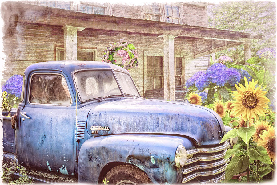 Blue Chevy in the Country Garden Photograph by Debra and Dave Vanderlaan
