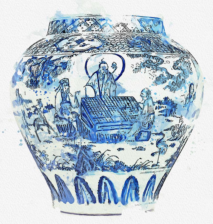 Blue Chinese Chinoiserie Pottery Watercolor Series,  No 12 by Adam Asar watercolor by Ahmet Asar Painting by Celestial Images