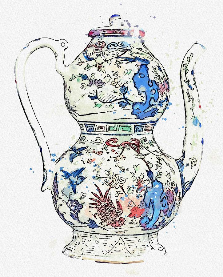 Blue Chinese Chinoiserie Pottery Watercolor Series,  No 13 by Adam Asar watercolor by Ahmet Asar Painting by Celestial Images