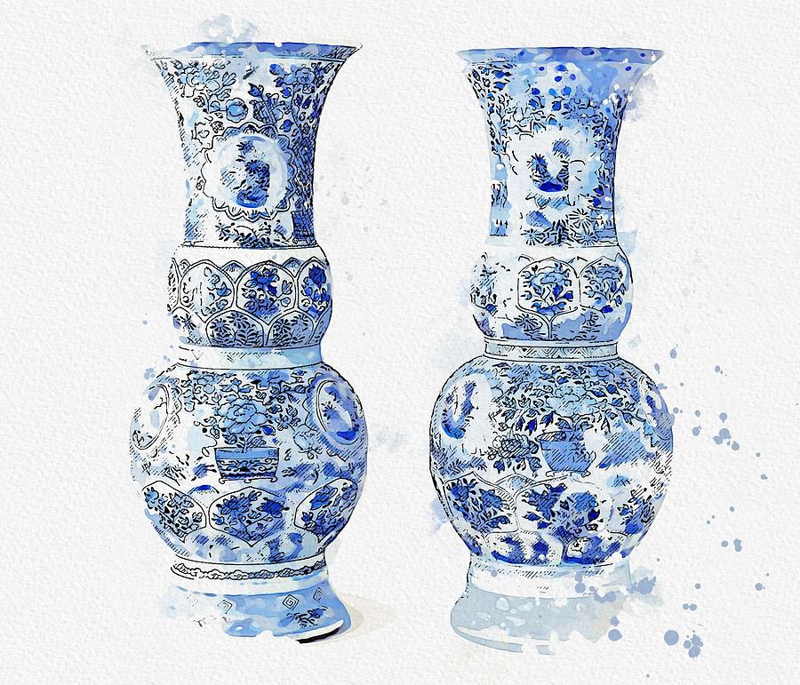 Blue Chinese Chinoiserie Pottery Watercolor Series,  No 18 by Adam Asar watercolor by Ahmet Asar Painting by Celestial Images