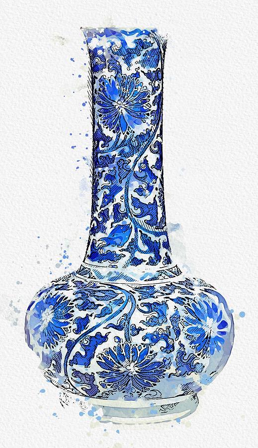 Blue Chinese Chinoiserie Pottery Watercolor Series,  No 20 by Adam Asar watercolor by Ahmet Asar Painting by Celestial Images