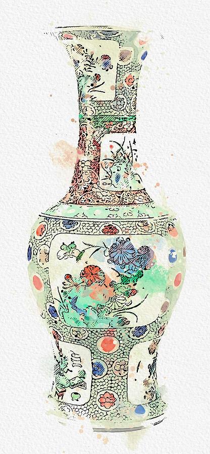 Blue Chinese Chinoiserie Pottery Watercolor Series,  No 21 by Adam Asar watercolor by Ahmet Asar Painting by Celestial Images