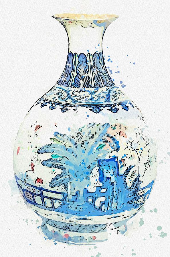 Blue Chinese Chinoiserie Pottery Watercolor Series,  No 24 by Adam Asar watercolor by Ahmet Asar Painting by Celestial Images