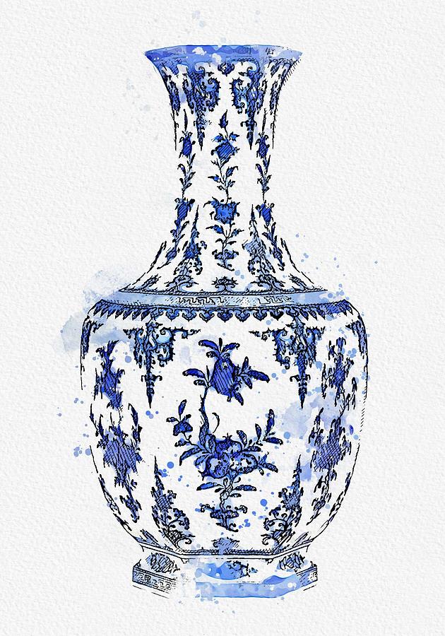 Blue Chinese Chinoiserie Pottery Watercolor Series,  No 28 by Adam Asar watercolor by Ahmet Asar Painting by Celestial Images