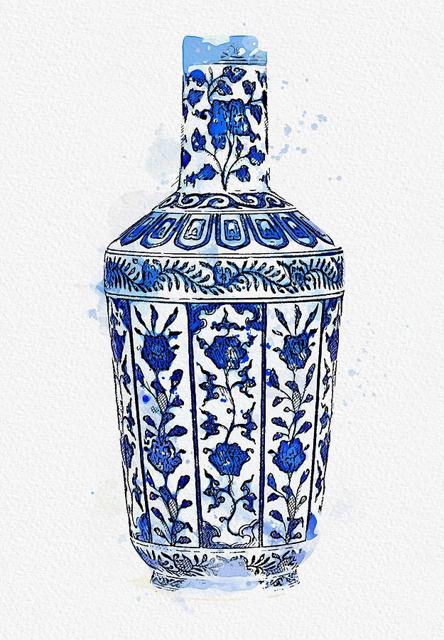 Blue Chinese Chinoiserie Pottery Watercolor Series,  No 29 by Adam Asar watercolor by Ahmet Asar Painting by Celestial Images