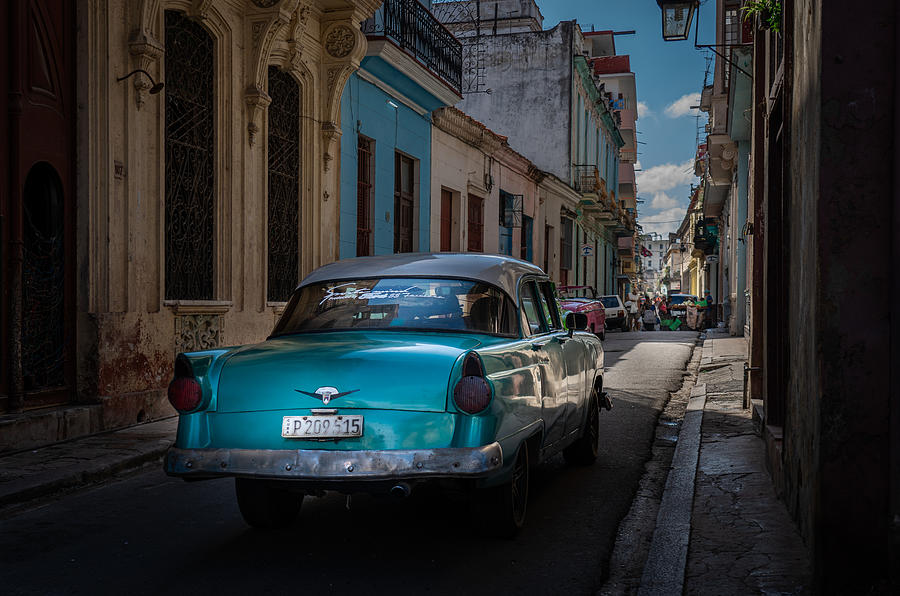 Vintage Photograph - Blue Classic Car In Street by Emma Zhao