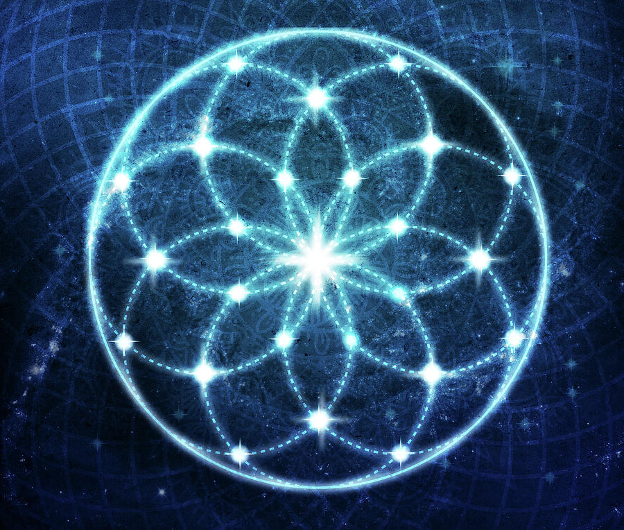 Blue Cosmic Geometric Flower Mandala Digital Art by Laura Ostrowski