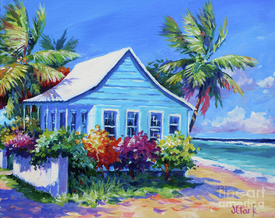 Cayman Painting - Blue Cottage on the Beach by John Clark Cayman Painting - Blue Cottage on the Beach by John Clark
