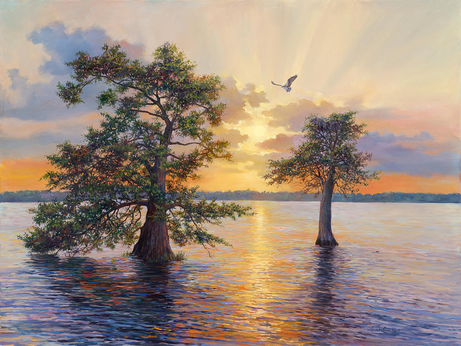 Bird Painting - Blue Cypress Sunset by Laurie Snow Hein