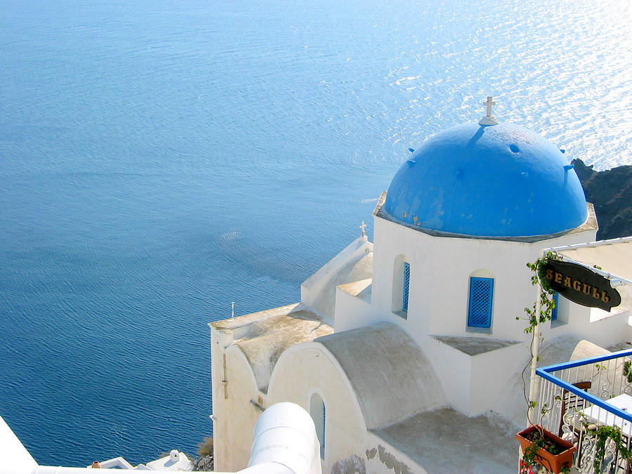 Blue Domed Church of Santorini Photograph by Keiko Richter