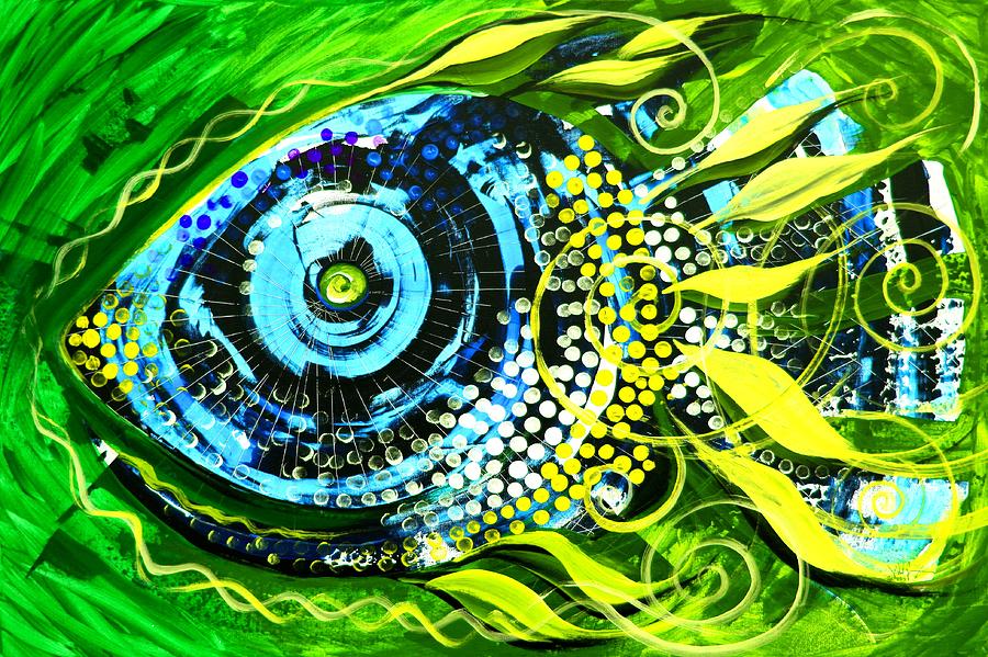 Blue Fish into Yellow and Green Painting by J Vincent Scarpace