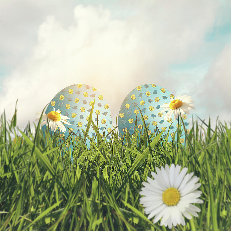 Blue Floral Easter Eggs On A Bed Of Grass Photograph by Ethiriel Photography