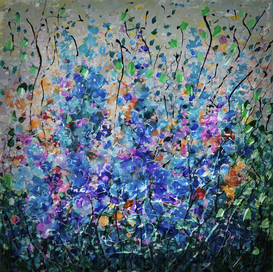 Blue Flowers Sunshine and Freedom  Painting by Lena Owens - OLena Art Vibrant Palette Knife and Graphic Design