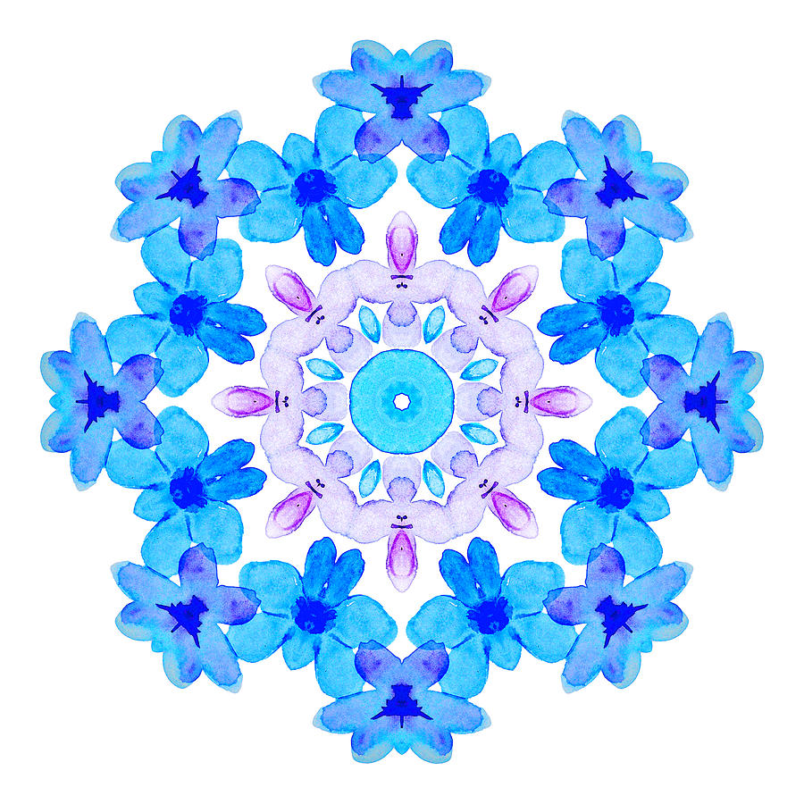 Blue Flowers Watercolor Mandala Painting by Boriana Giormova