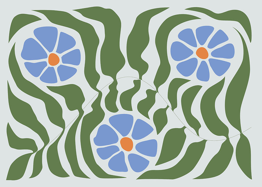 Blue Flowers With Green Leaves Pattern Digital Art by Trendy Art Blue Flowers With Green Leaves Pattern Digital Art by Trendy Art
