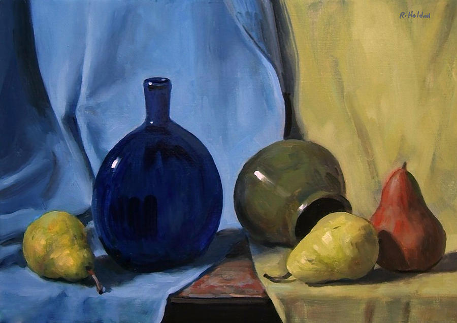 Blue Glass Flask and Pears Painting by Robert Holden | Fine Art America