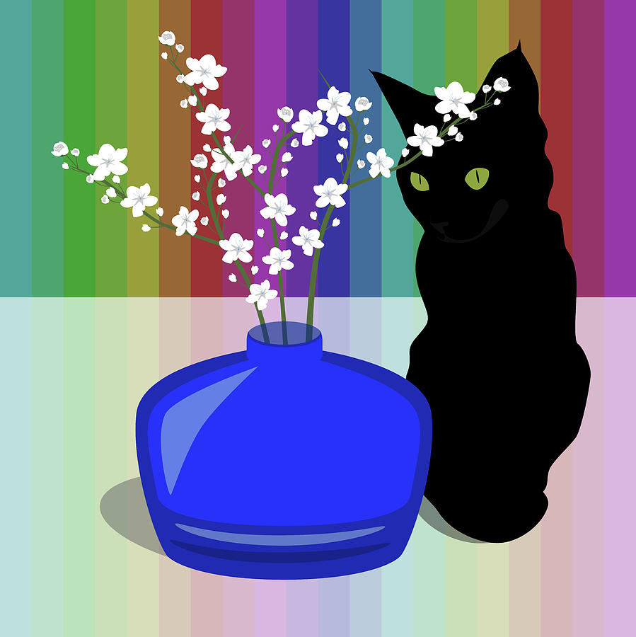 Cat Digital Art - Blue Glass Vase With Blossom And Black Cat by Claire Huntley