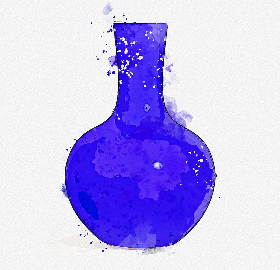 BLUE-GLAZED BOTTLE VASE watercolor by Ahmet Asar Painting by Celestial Images