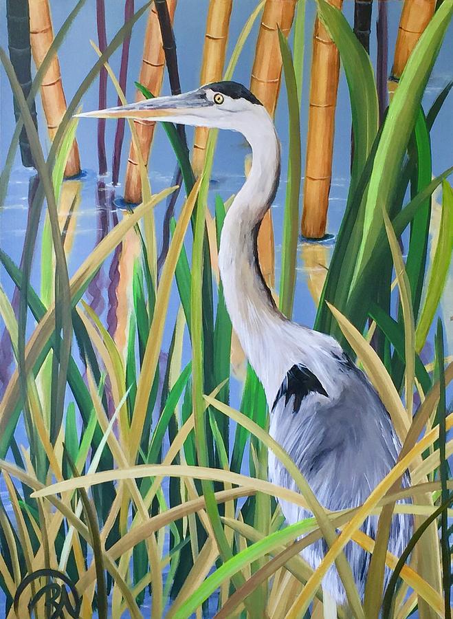 Blue Heron Among Tall Grasses Painting by Renee Noel