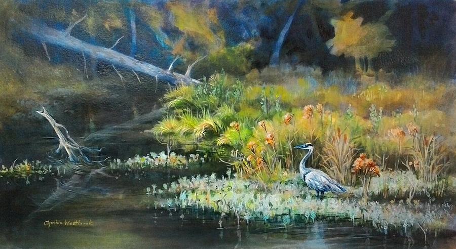 Blue Heron, Beyond the Bridge Painting by Cynthia Westbrook