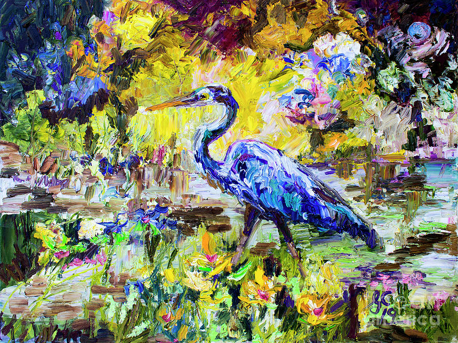 Blue Heron Wetland Magic Palette Knife Oil Painting Painting by Ginette Callaway