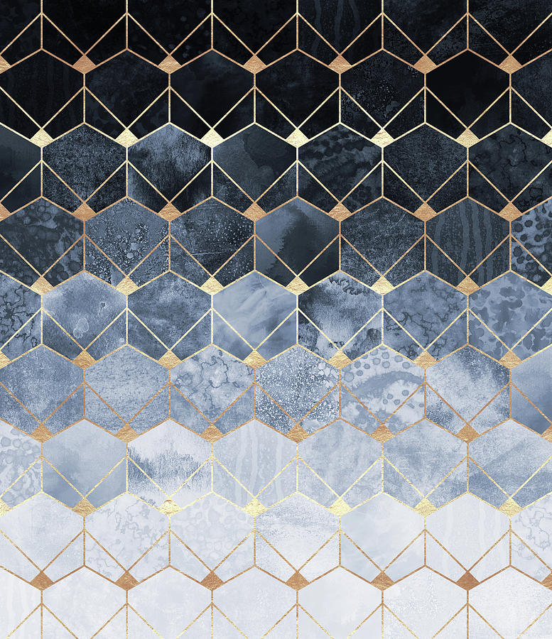 Abstract Digital Art - Blue Hexagons And Diamonds by Elisabeth Fredriksson