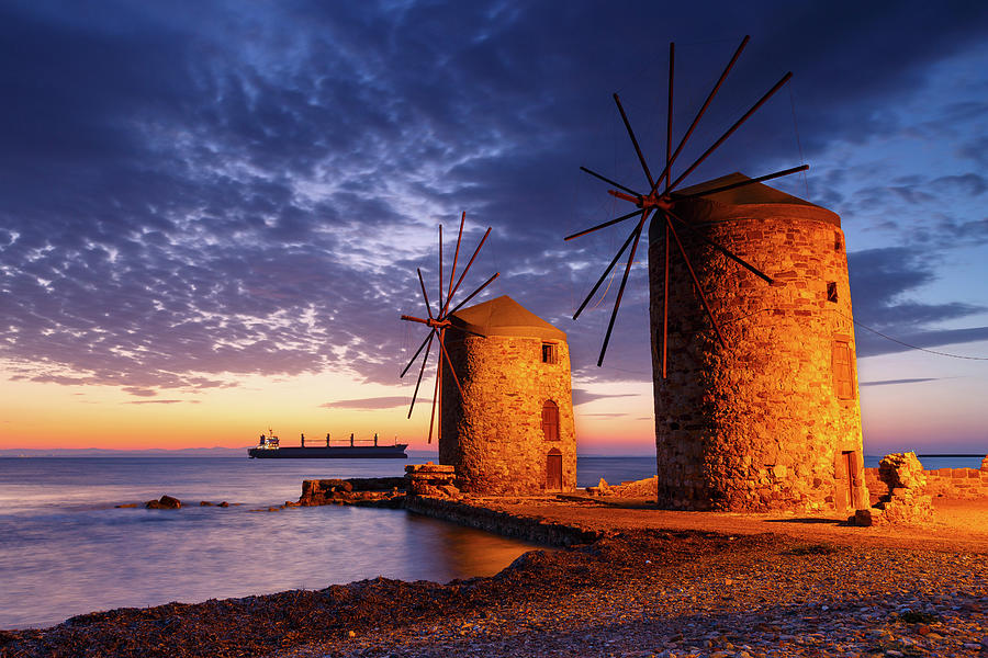 Greek Photograph - Blue Hour Image Of The Iconic Windmills In Chios Town. by Cavan Images