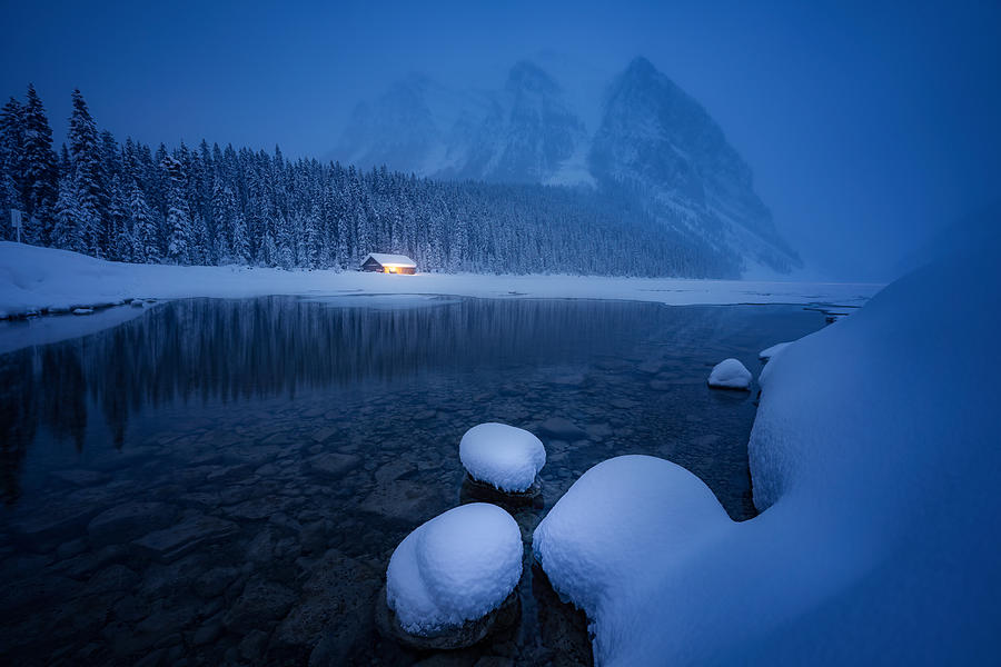 Winter Photograph - Blue Hour Lake Louise by Yongnan Li ?????