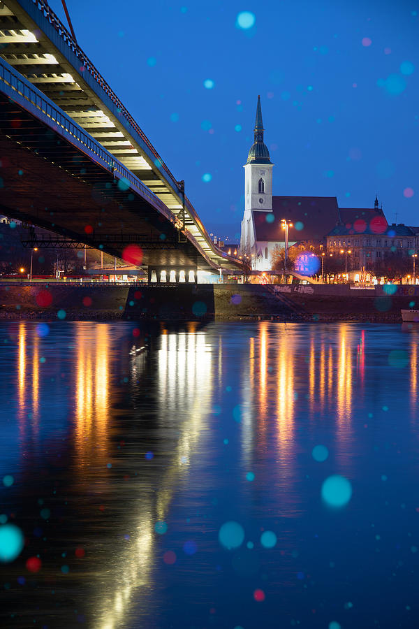 City Photograph - Blue Hour Snowfall In Bratislava by Peter Krenek