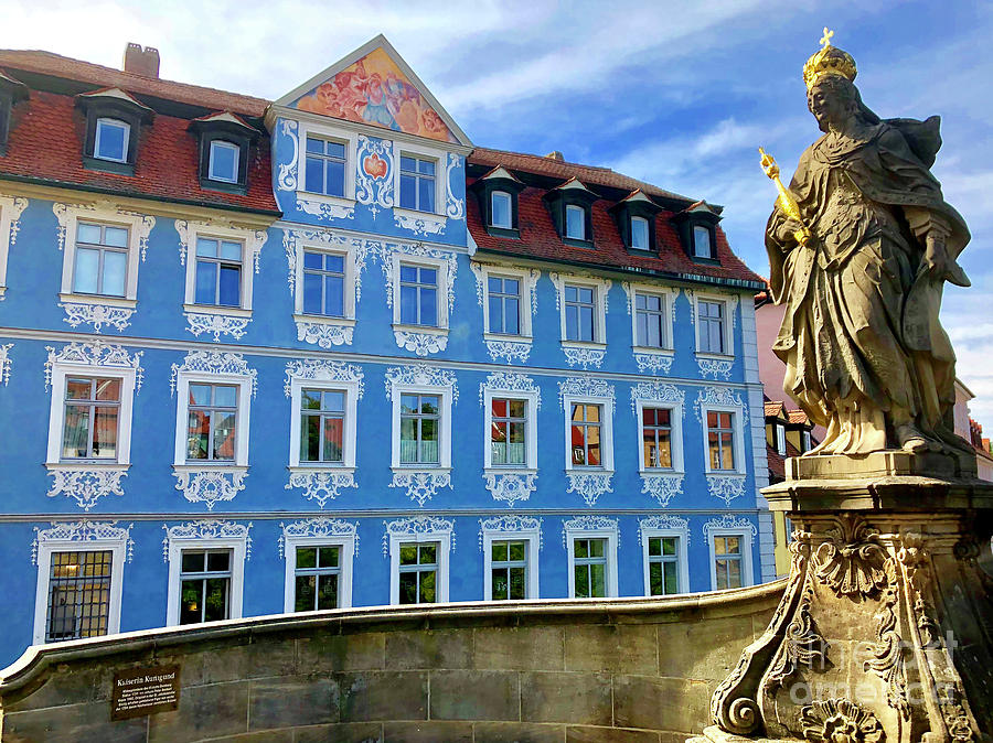 Blue House of Old Town Bamberg and Statue of Kunigunde Photograph by Gunther Allen